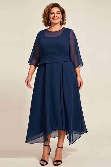Mousseline de soie marine Une ligne Robe Grande Taille Mère De La Mariée Avec Manches 3/4